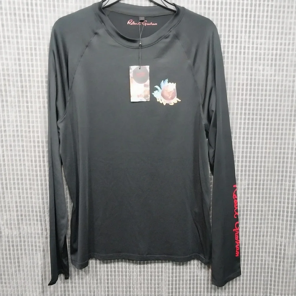 Robert Graham Mens Rash Guard Shirt Sun Protection Large Black